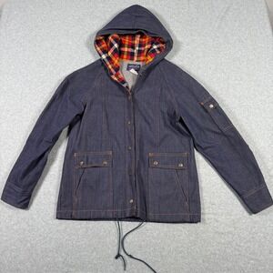 Vintage 70s Valley Co Denim Hooded Chore Jacket Medium Blue Plaid Snap Utility